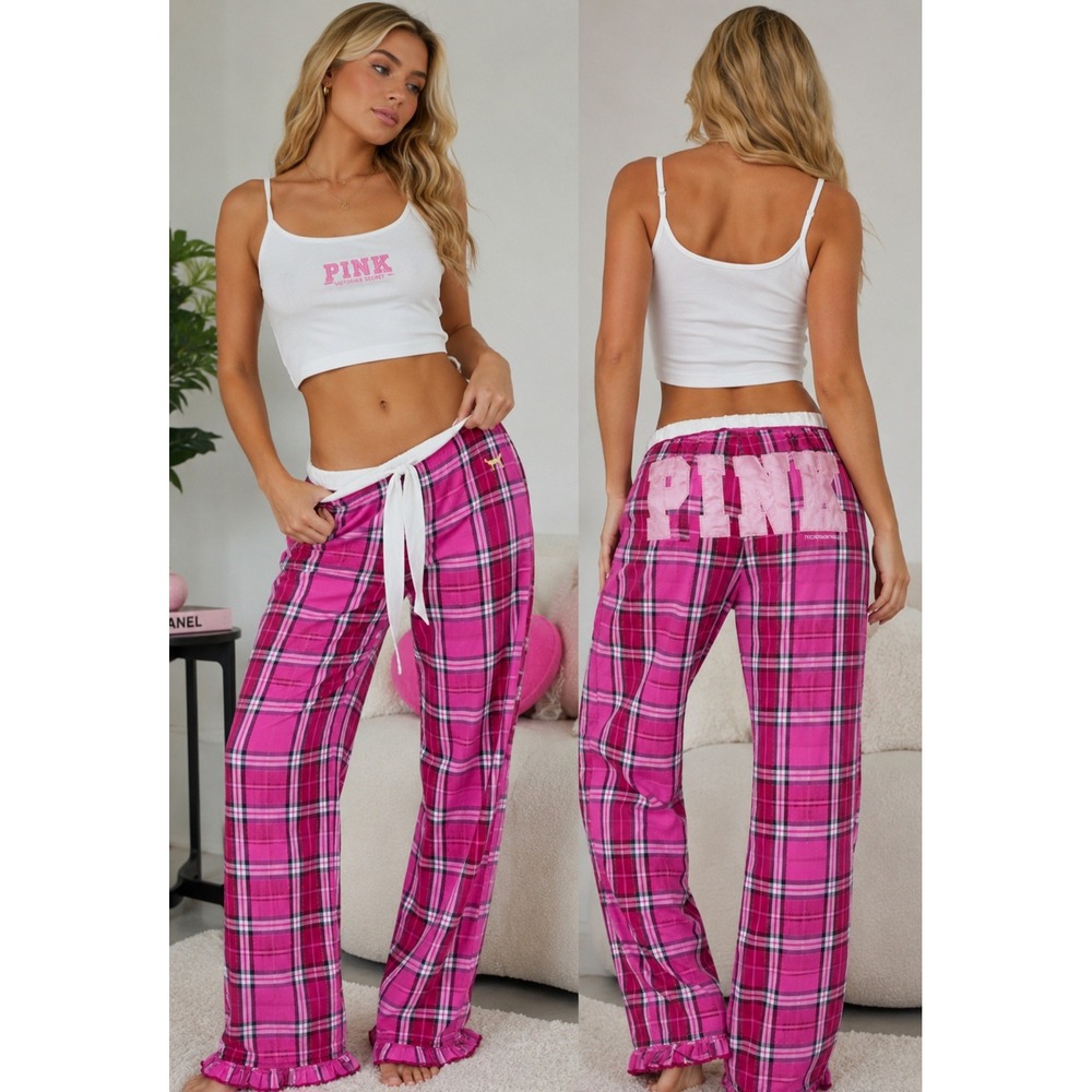 Victoria's Secret PINK Y2K Plaid Pajama Pants Ruffle Hem Logo McBling 2000s
M